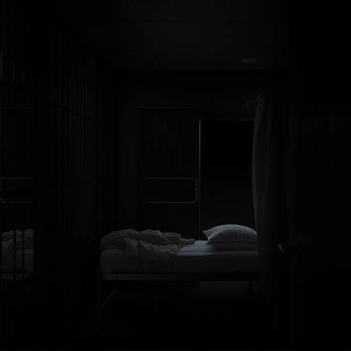 A dark, cramped solitary confinement cell with a single cot and a small opening in the door