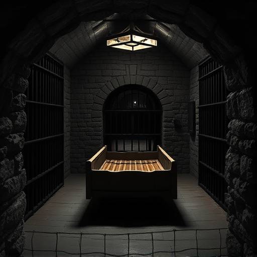 A dimly lit, historical prison cell with thick stone walls, a rusty iron barred window, and a worn wooden cot