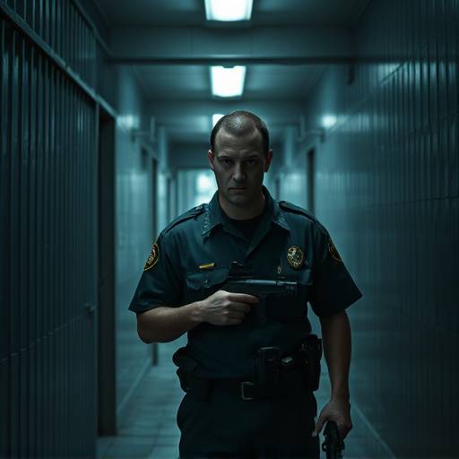A prison guard standing in front of a row of cell doors