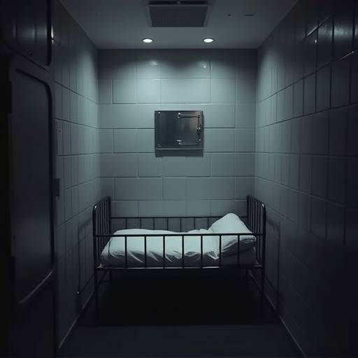 A small, dimly lit solitary confinement cell with a metal cot, a hatch in the steel door, and minimal natural light