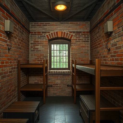 An early 20th-century prison cell with exposed brick walls, wooden bunk beds, and a small window with iron bars