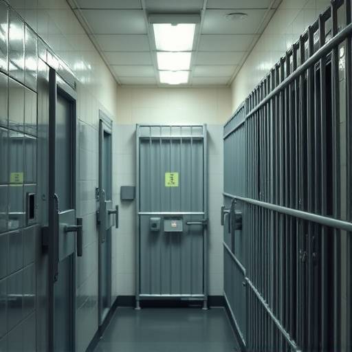 Brightly lit modern prison cell interior with clean metal fixtures and painted walls