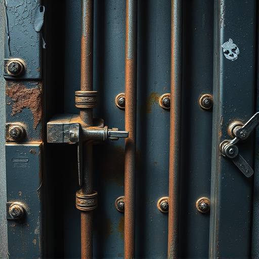 Close-up of a weathered metal prison cell door with visible rust and scratches