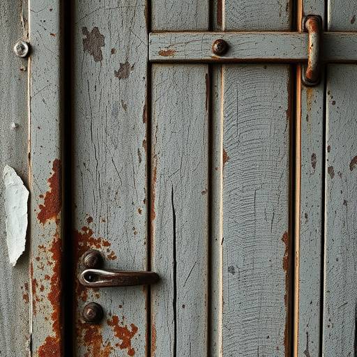 Close up of a weathered cell door with peeling paint and visible rust, highlighting historical detail