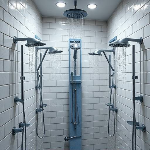 Communal prison shower room with multiple shower heads and tiled walls
