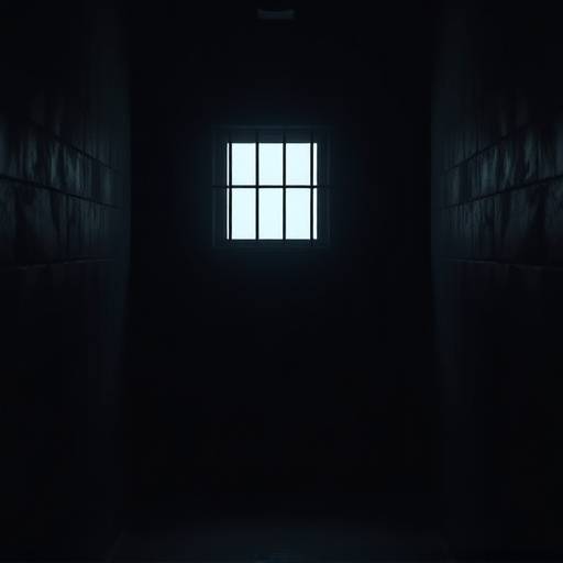 Dark solitary confinement cell with a cot and a small barred window letting in minimal light