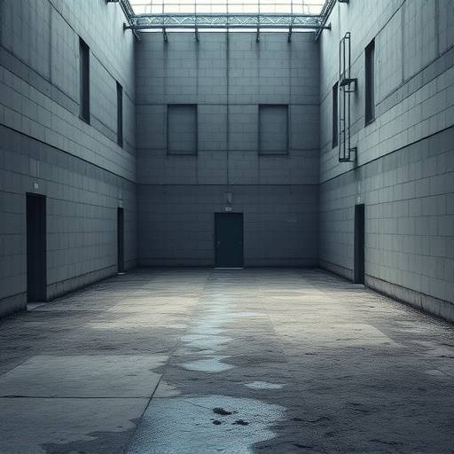 Exercise yard surrounded by high concrete walls, emphasizing the restrictive nature of prison environments
