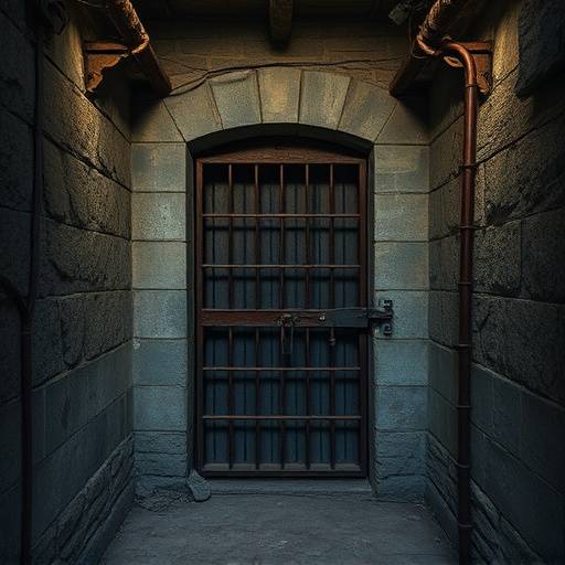 Image of a dilapidated historical prison cell with stone walls and a rusty iron door