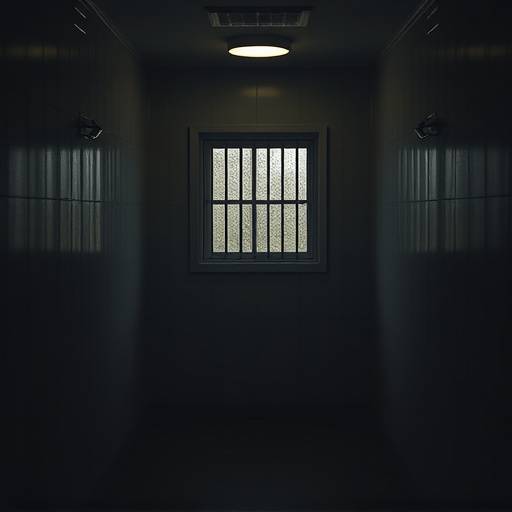 Image of a dimly lit solitary confinement cell with a cot and a small barred window