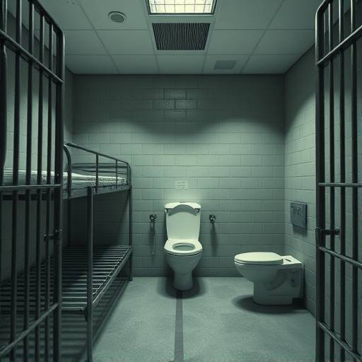 Image of a modern prison cell with a metal bunk bed and toilet