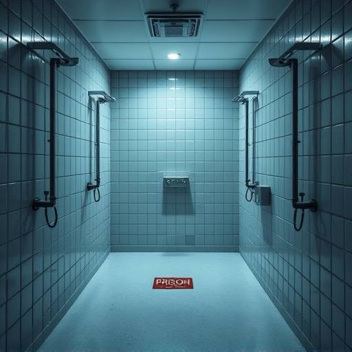 Image of shower room area in a prison setting, reflecting the institutional cleanliness and functionality