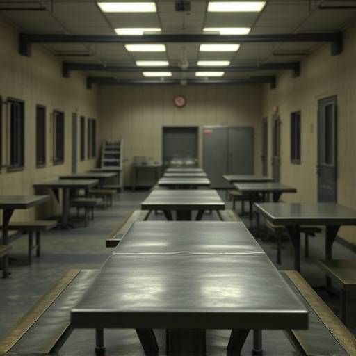 Inside a prison cafeteria with metal tables and benches, showing the serving area in the background