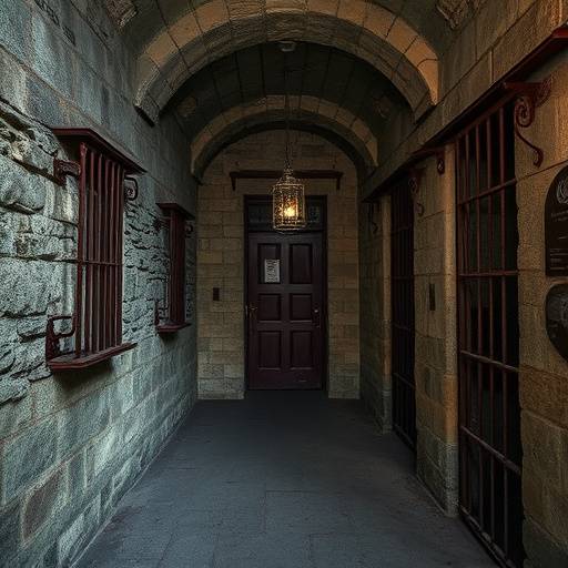 Interior of a dilapidated historical prison cell with stone walls and a rusty iron-barred door