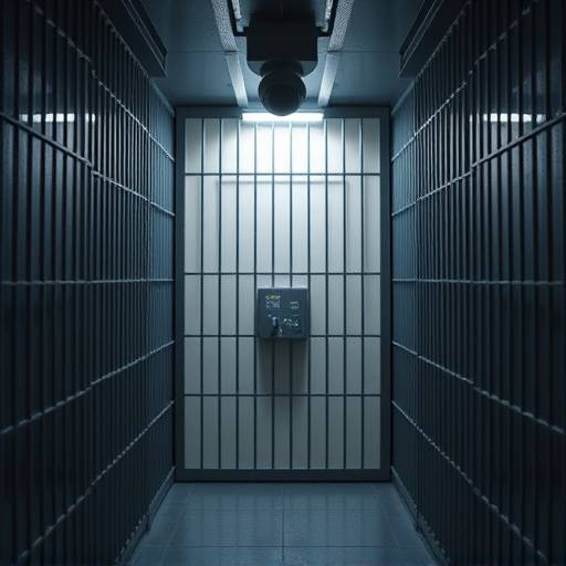 Interior of a high-security cell featuring reinforced steel walls, a surveillance camera, and minimal furnishings