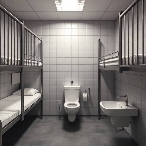 Interior of a modern prison cell with a stainless steel bunk bed and integrated toilet and sink unit