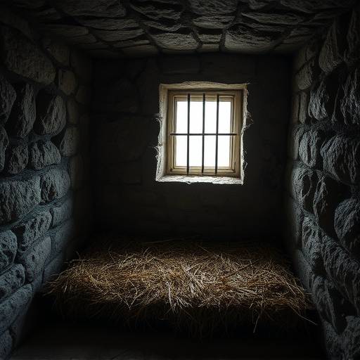 Interior of an old stone prison cell with a straw mattress and a small barred window