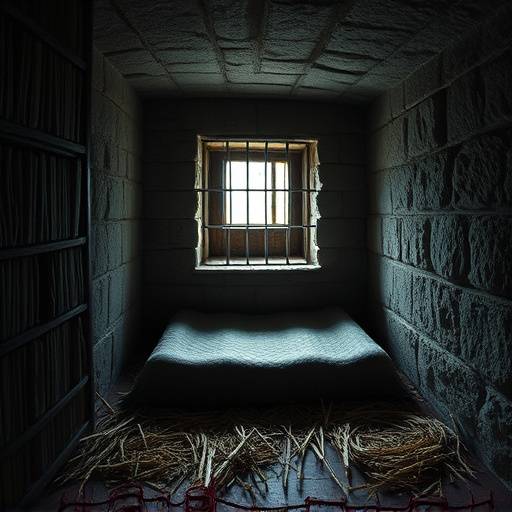 Interior of an old, stone prison cell with a straw mattress and barred window