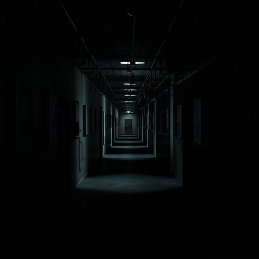 Long, dimly lit prison hallway with cells lining both sides
