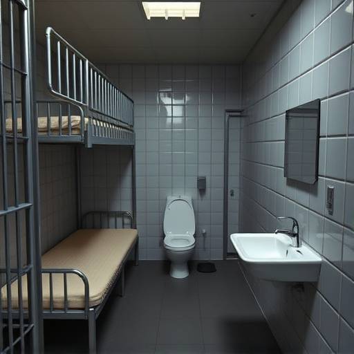 Modern prison cell interior with a metal bunk bed and a toilet/sink combination unit