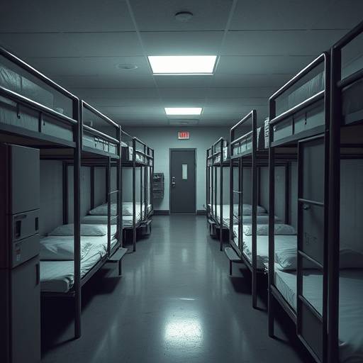 Open bay dormitory-style cell in a minimum security facility with rows of bunk beds and shared lockers