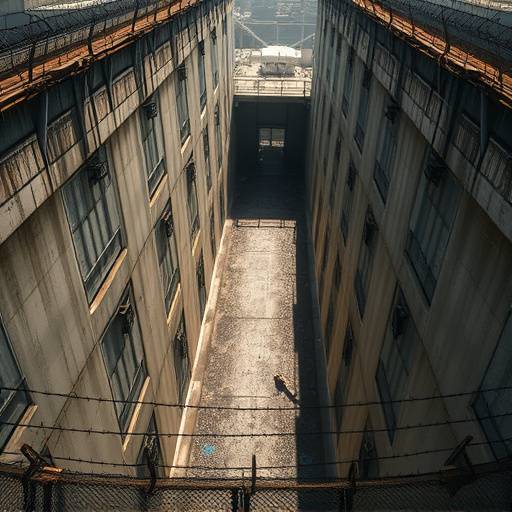 Overhead view of a prison exercise yard surrounded by high concrete walls and barbed wire