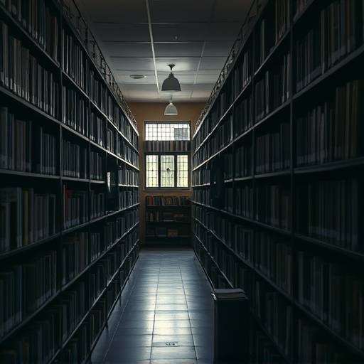 Prison library setting, including books and reading space