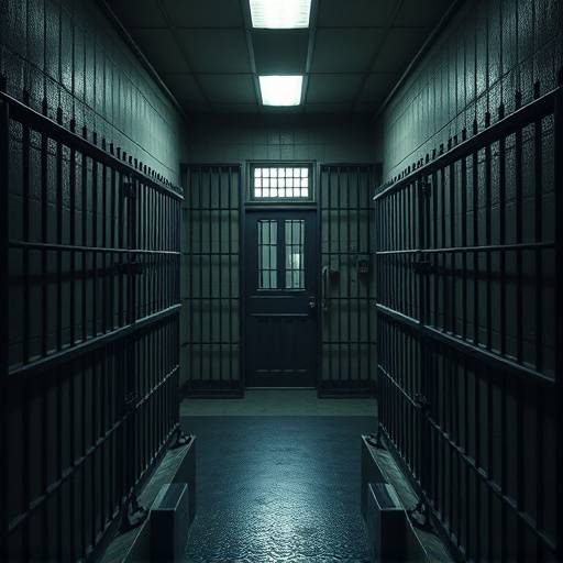 Prison visiting room with metal dividers separating inmates and visitors