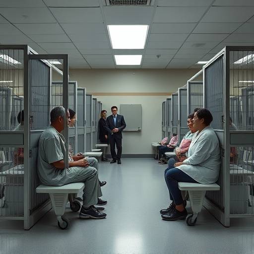 Visiting room with dividers, showcasing the controlled environment for inmate-family interactions